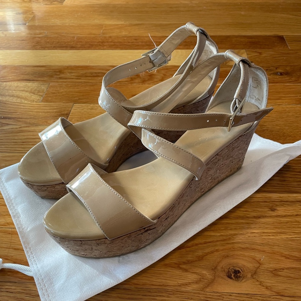 Jimmy Choo Portia 70 Wedge Patent Leather Nude Beige Sandals sz 37